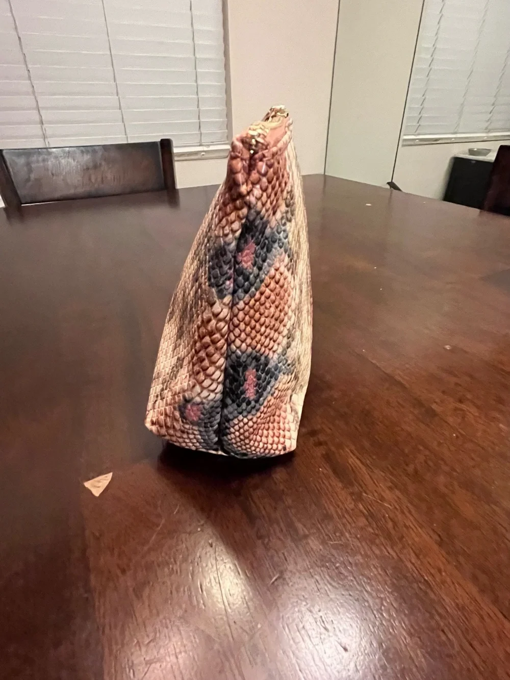 Vince Camuto Pink and Beige Snake-Print Cosmetic Pouch with Gold Hardware